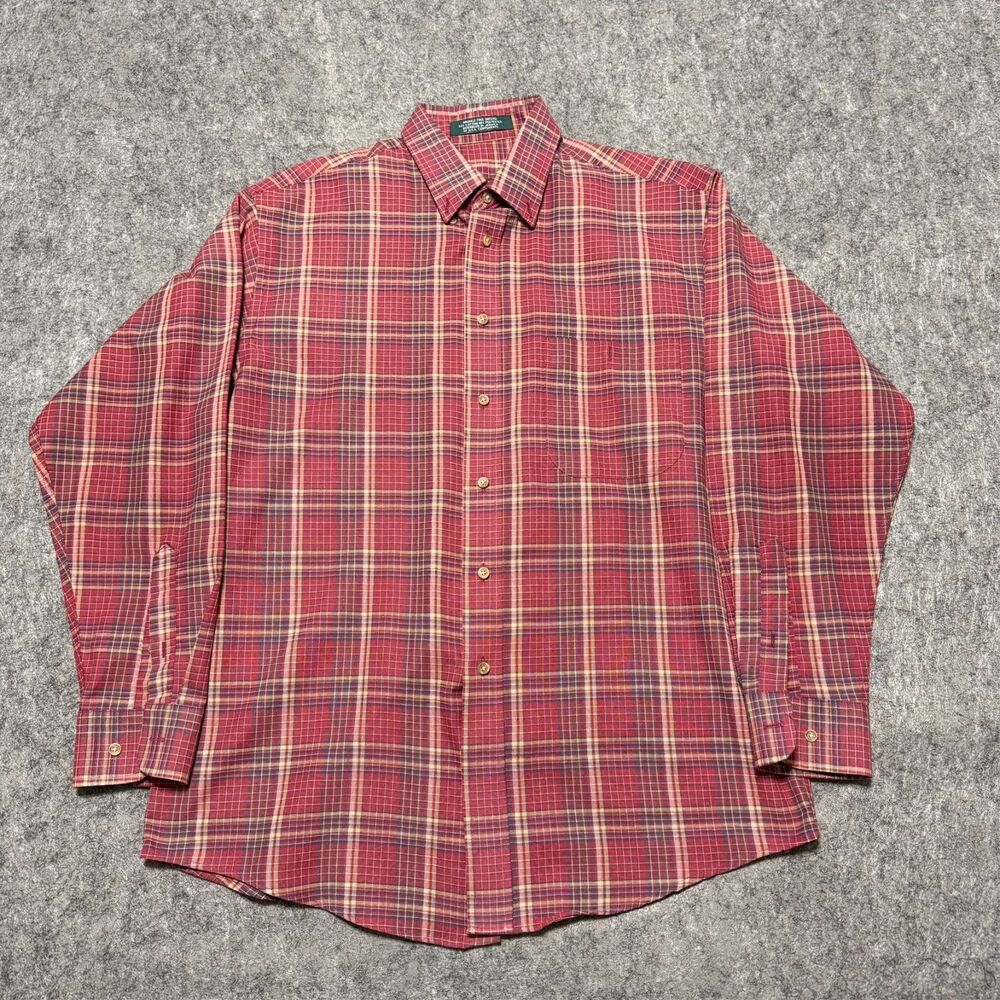 Vintage 90s Claybrooke Oxford Shirt Mens Medium Red Plaid Wrinkle Free Jamaica